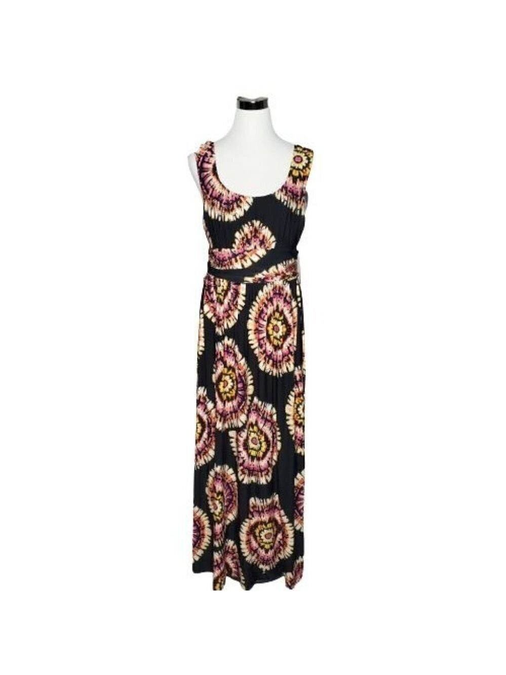 AB Studio Black Multi-Color Tie Dye Scoop Neck Sleeveless Maxi Dress Size Large - Picture 2 of 10